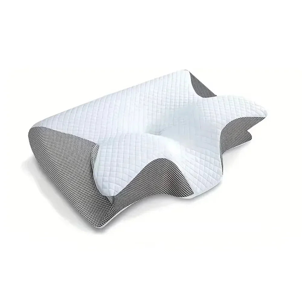 Oreiller cervical Pillowvia en forme de papillon, blanc avec côtés gris