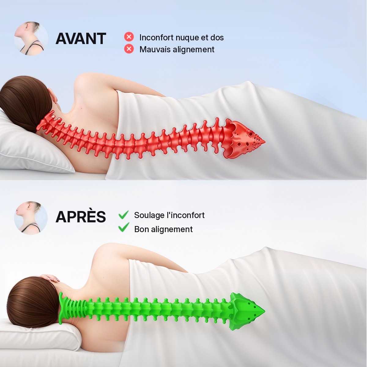 Avant / après : alignement de la colonne avec un oreiller classique et avec Pillowvia