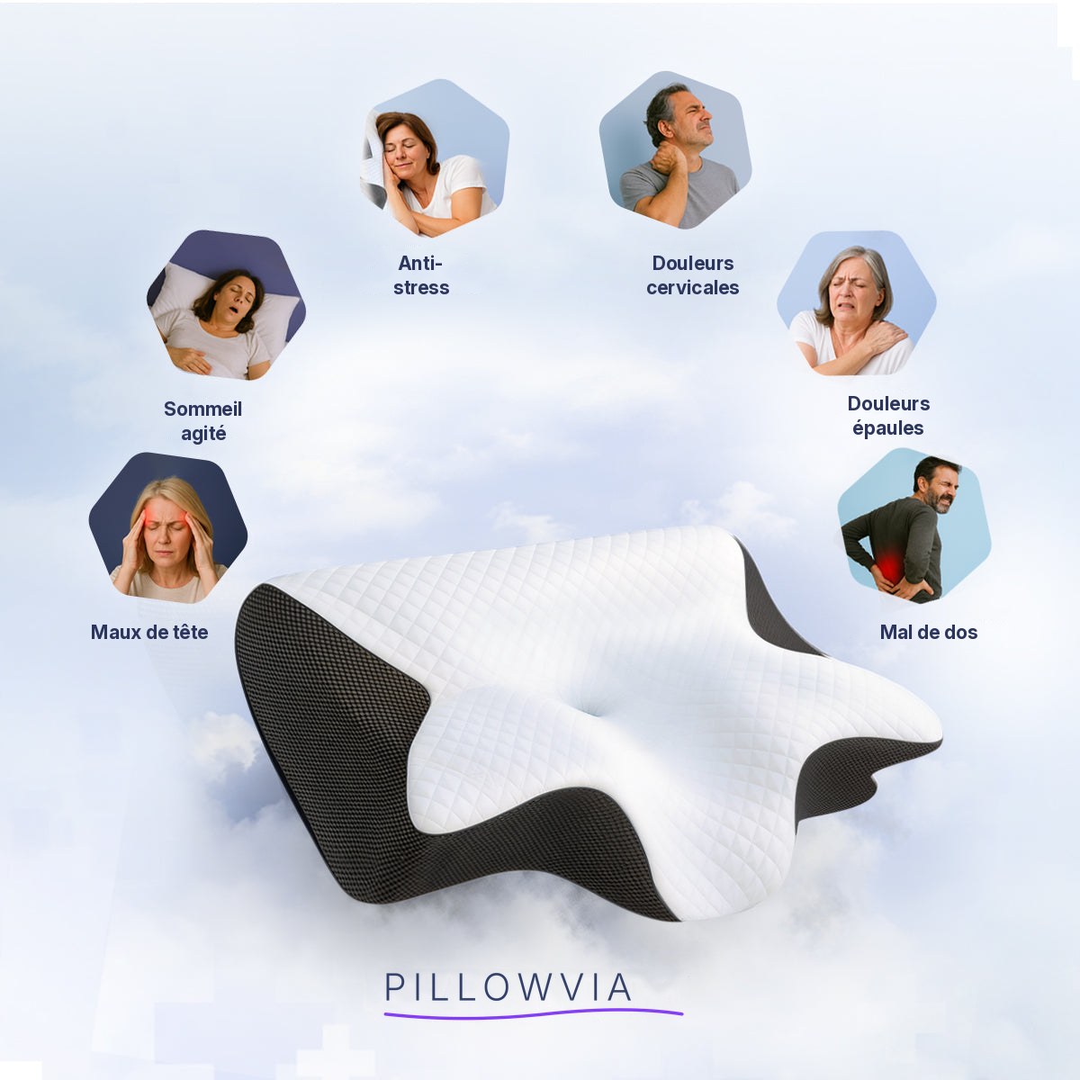 Oreiller cervical ergonomique Pillowvia en mousse à mémoire de forme, côtés noirs
