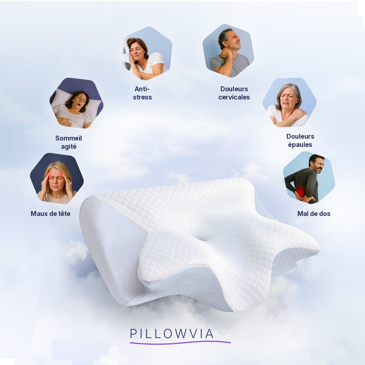 Oreiller cervical ergonomique Pillowvia en mousse à mémoire de forme, côtés gris