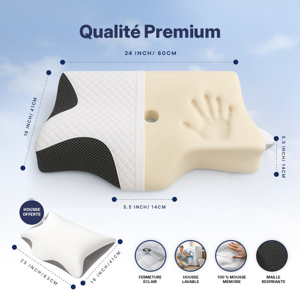 Dimensions de l'oreiller Pillowvia : 60 × 41 × 14 cm, mousse à mémoire de forme et housse zippée